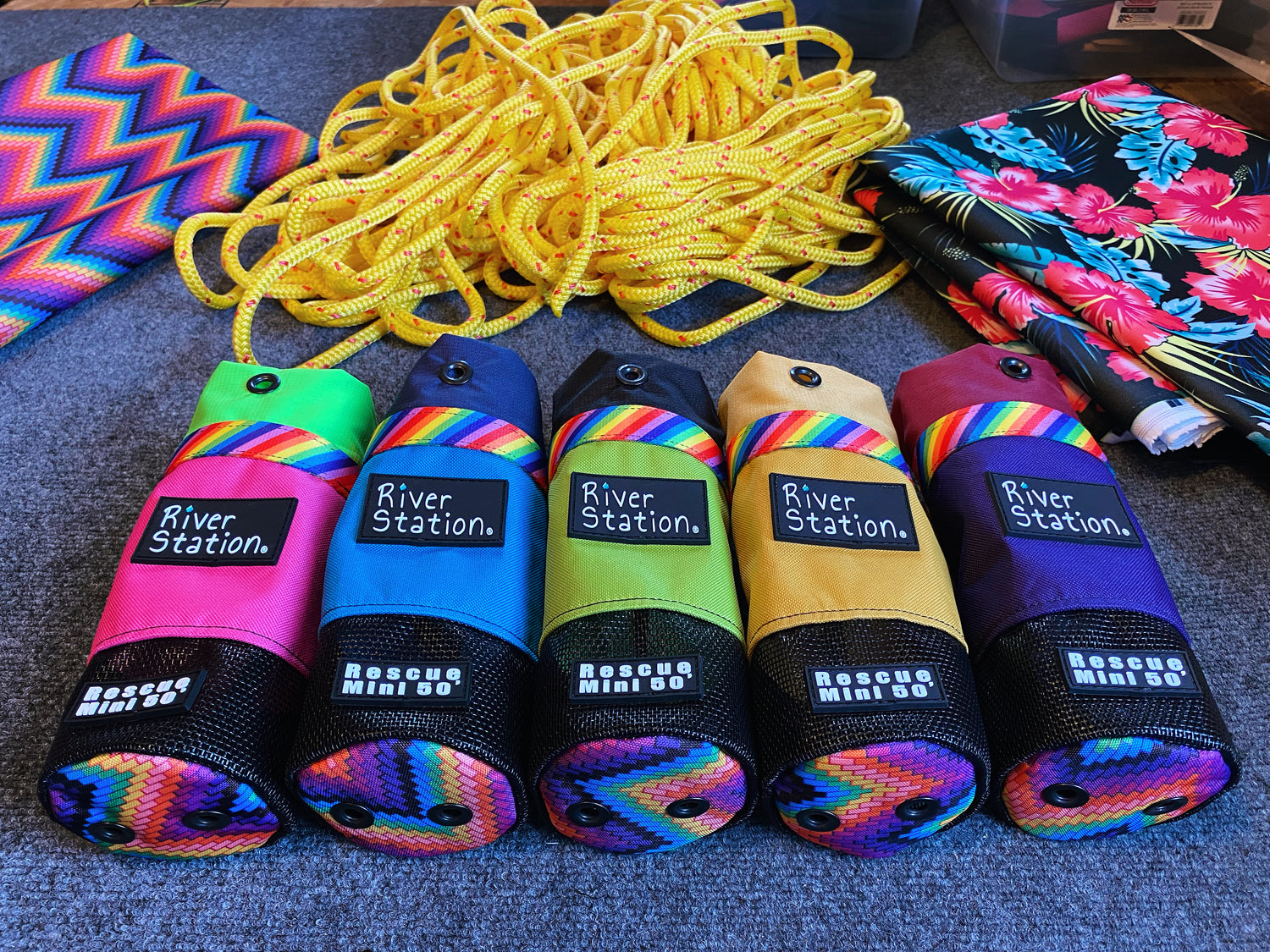 River Station fun rainbow colorful throw bags for whitewater safety and rescue.
