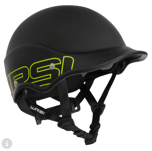 Black NRS WRSI Trident helmet for whitewater rafting and kayaking