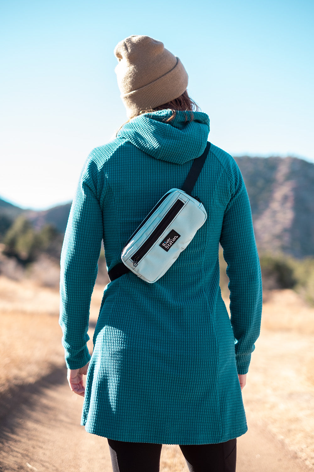 Blue hiking sling pouch