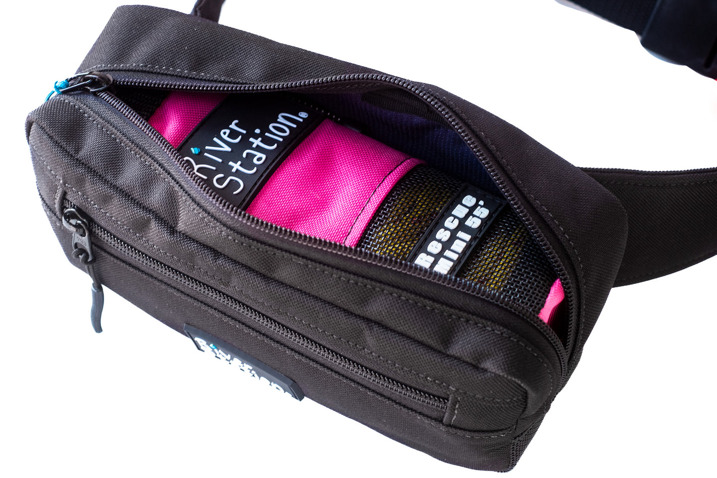 Black and hot pink waist throw bag for rafting and canoeing.