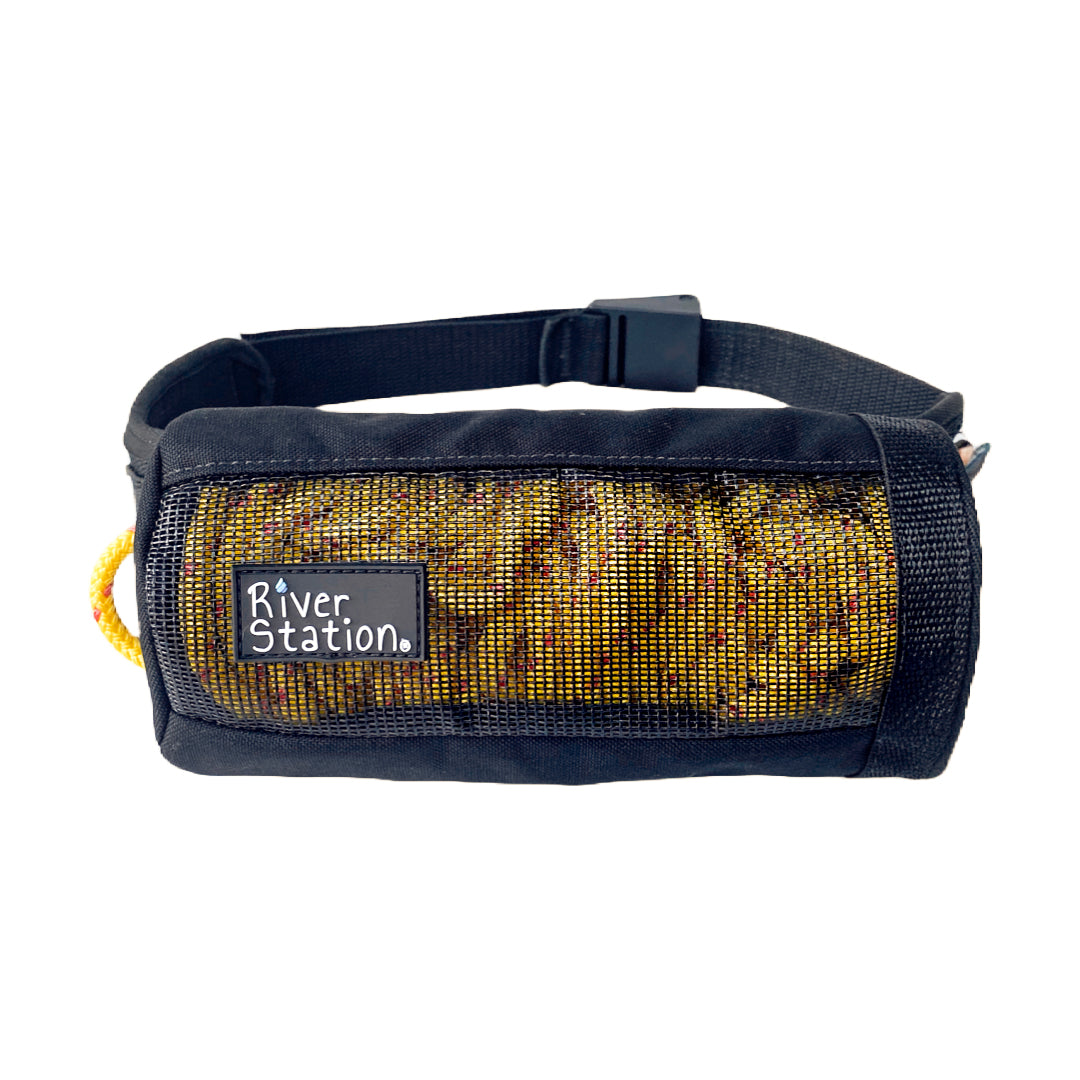 Black waist throw bag for whitewater kayaking and rafting