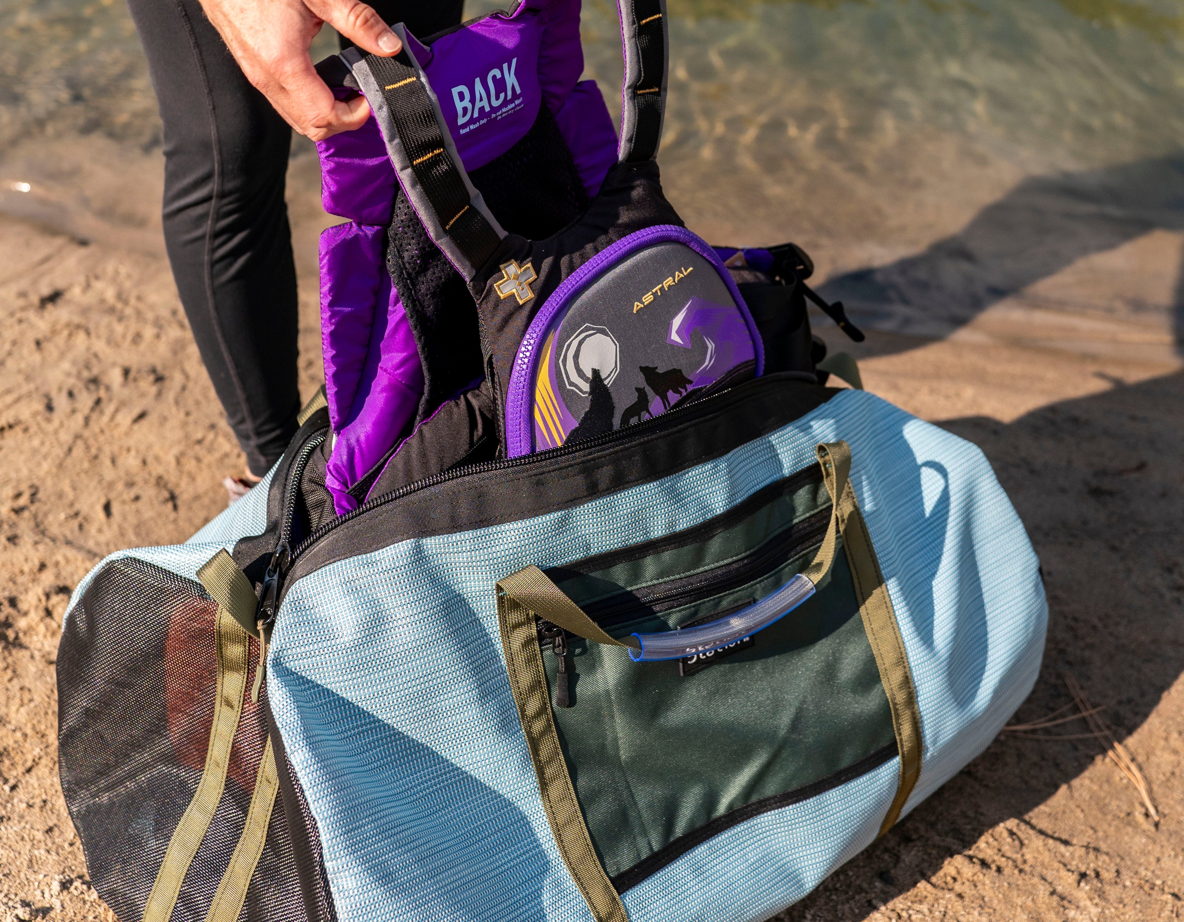 astral life jacket in river station gear bag for whitewater rafting