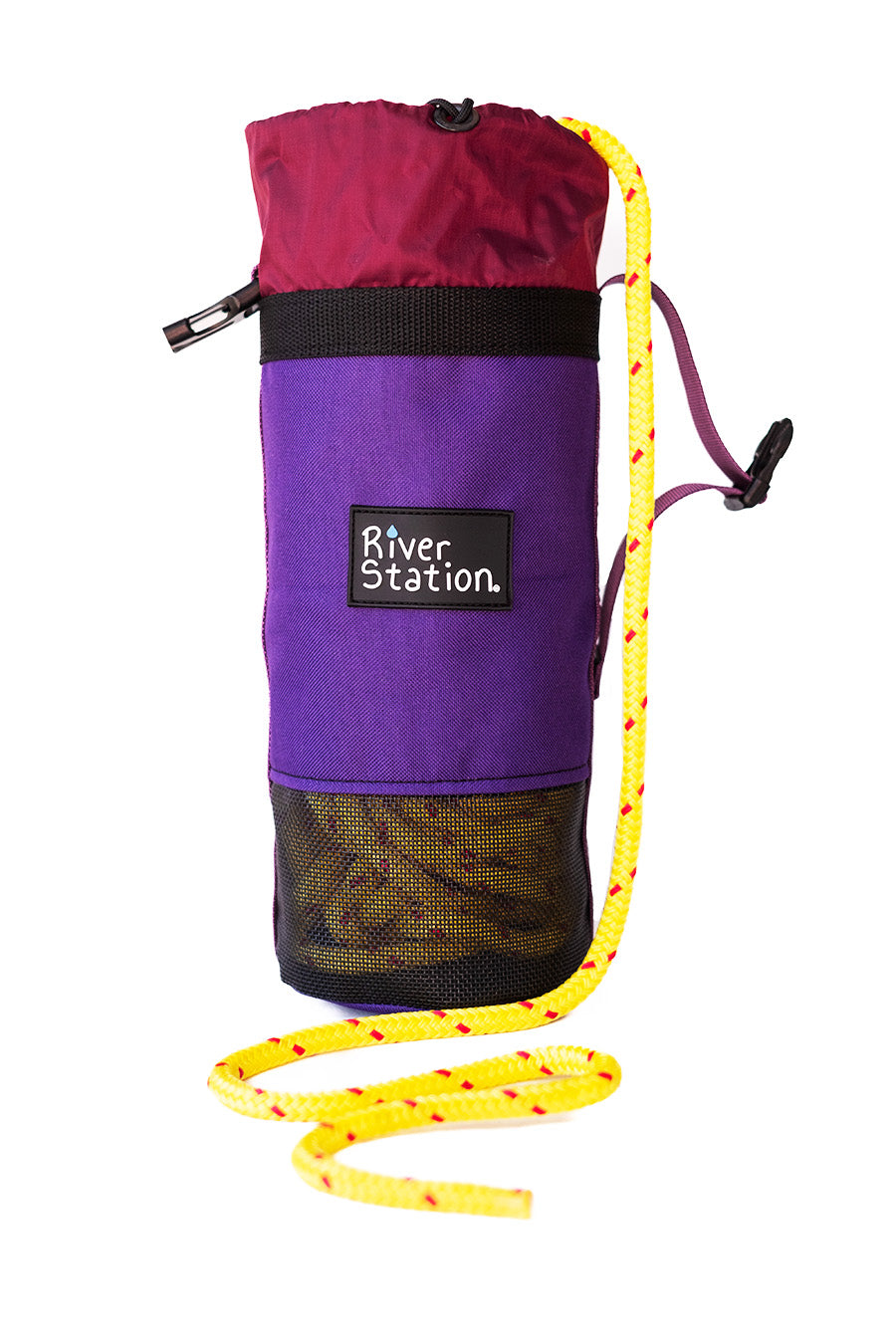 Purple throw bag for whitewater rafting
