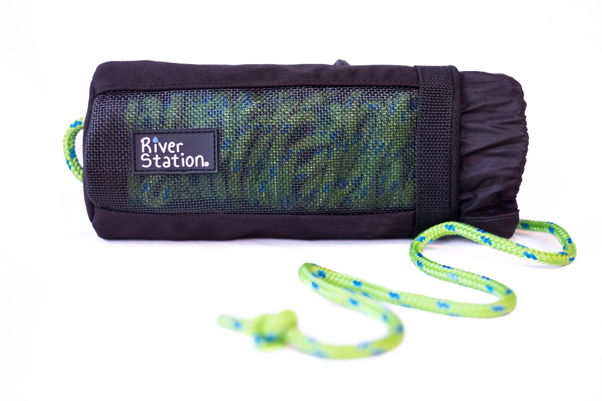 Lime green rope throw bag for whitewater rafting