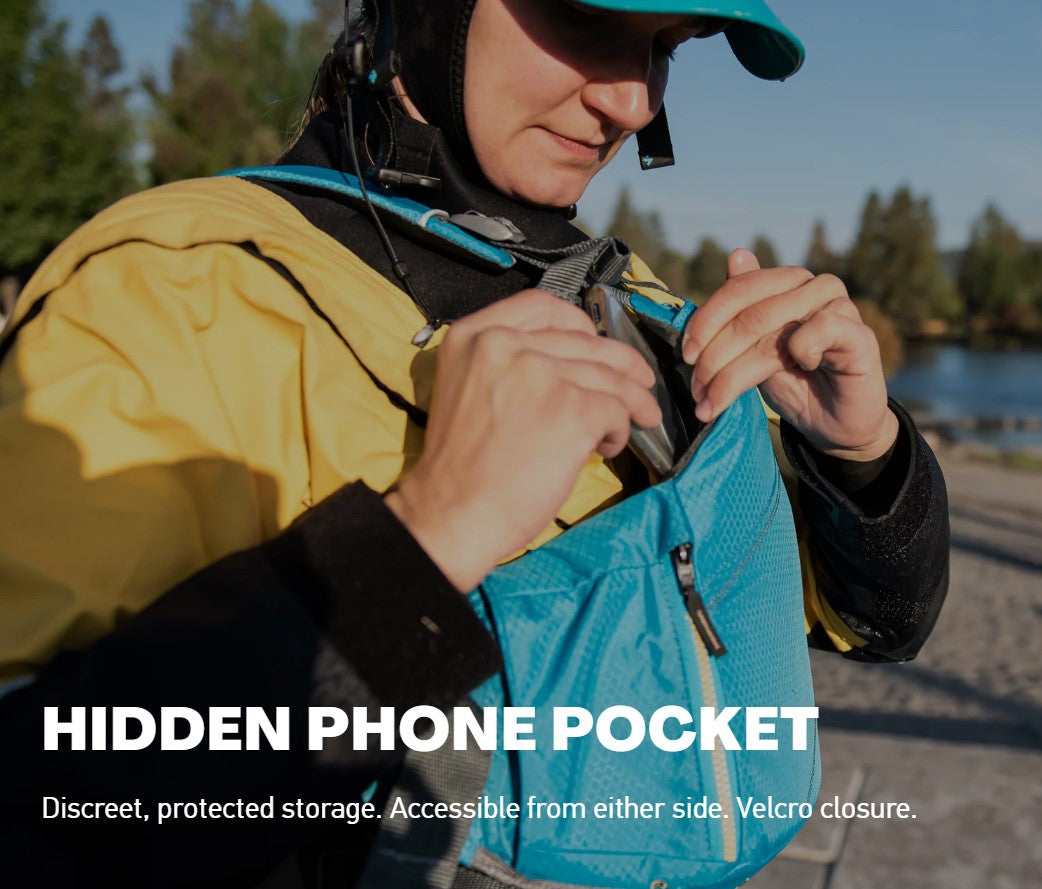 Hidden phone pocket on the Astral YTV PFD for whitewater rafting