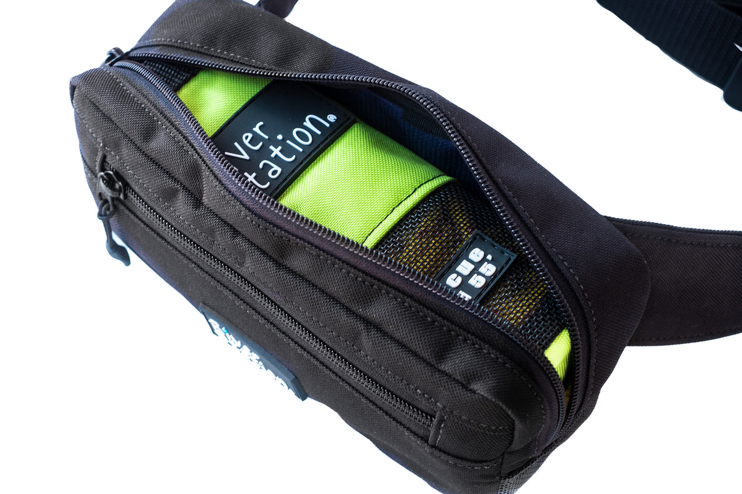 Black and green waist throw bag for whitewater.