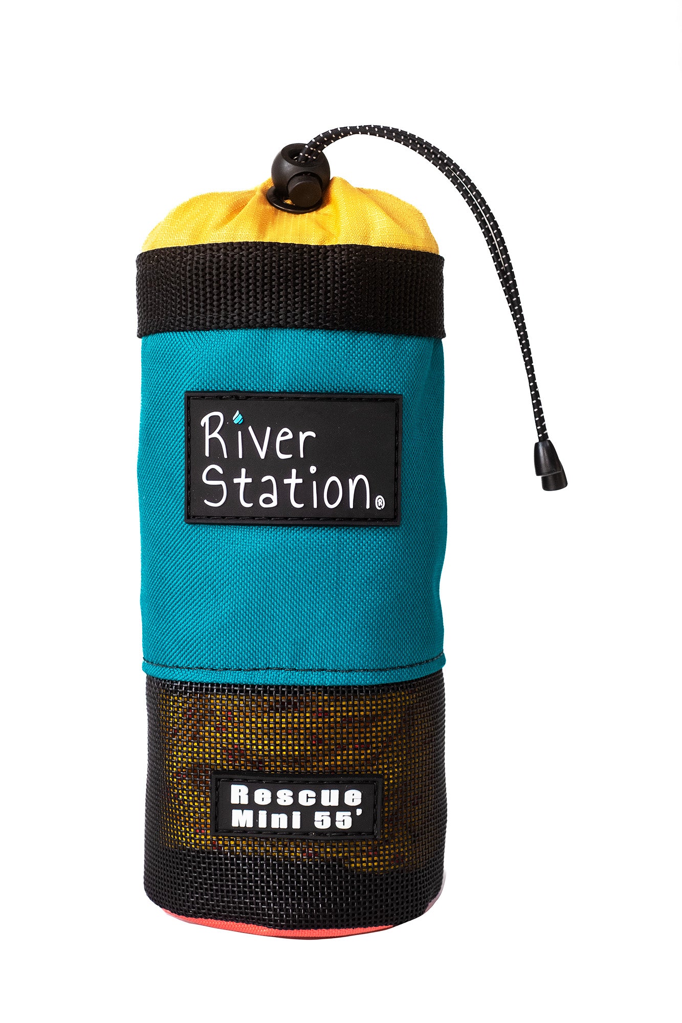 Teal throw bag for whitewater rescue and safety.